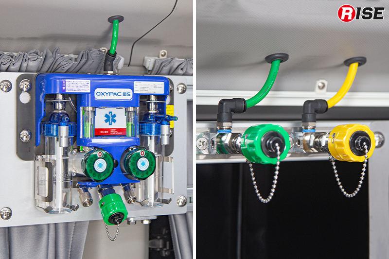 酸素配管系統を備え、二連式加湿酸素流量計や酸素アウトレットも装備。