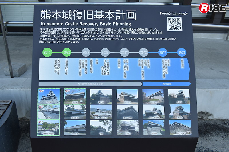 熊本城では平成28年熊本地震からの復旧が続いていたが、今回の地震で再び被害を受けた。写真は平成28年熊本地震を受けて策定された「熊本城復旧基本計画」。